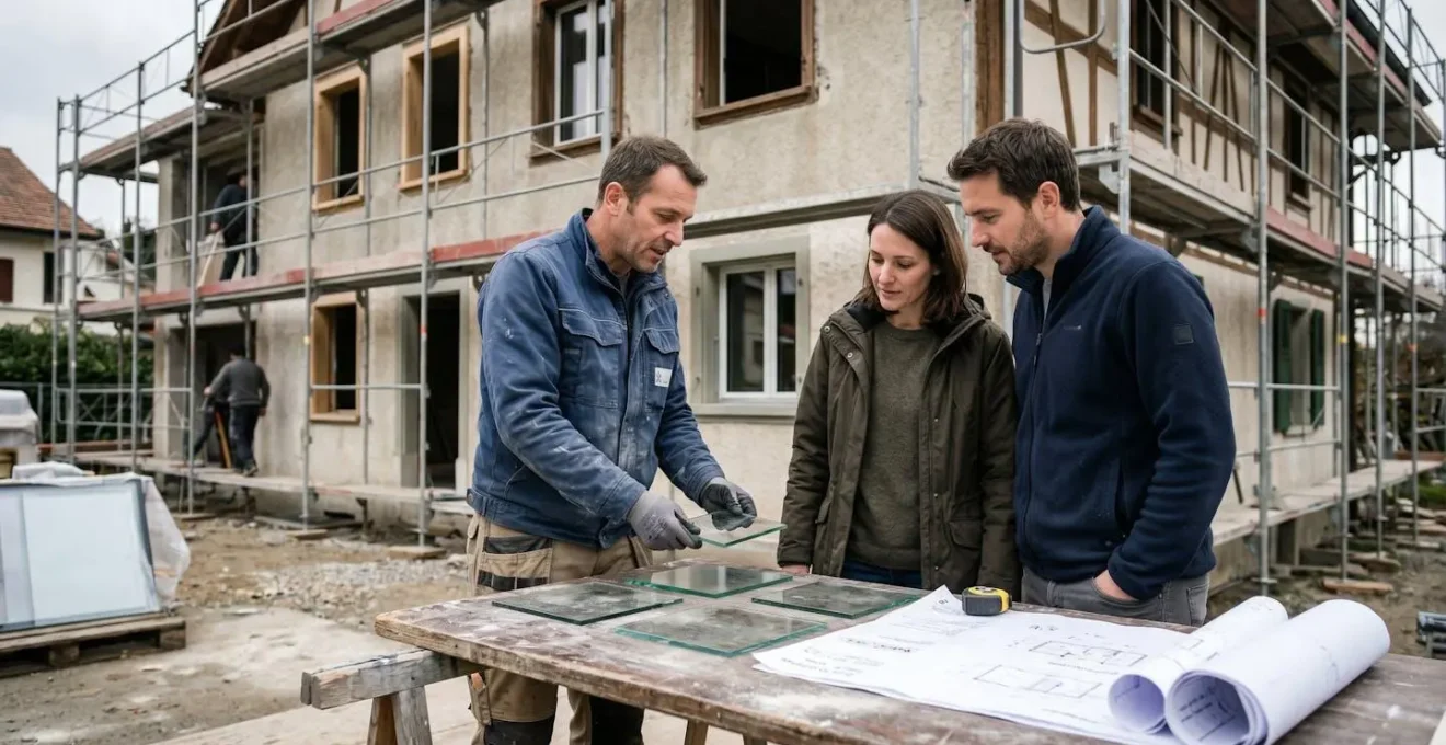 Artisan vitrier présentant des échantillons de vitrage à un couple de clients sur une table de chantier, avec plans architecturaux et villa en rénovation visible en arrière-plan