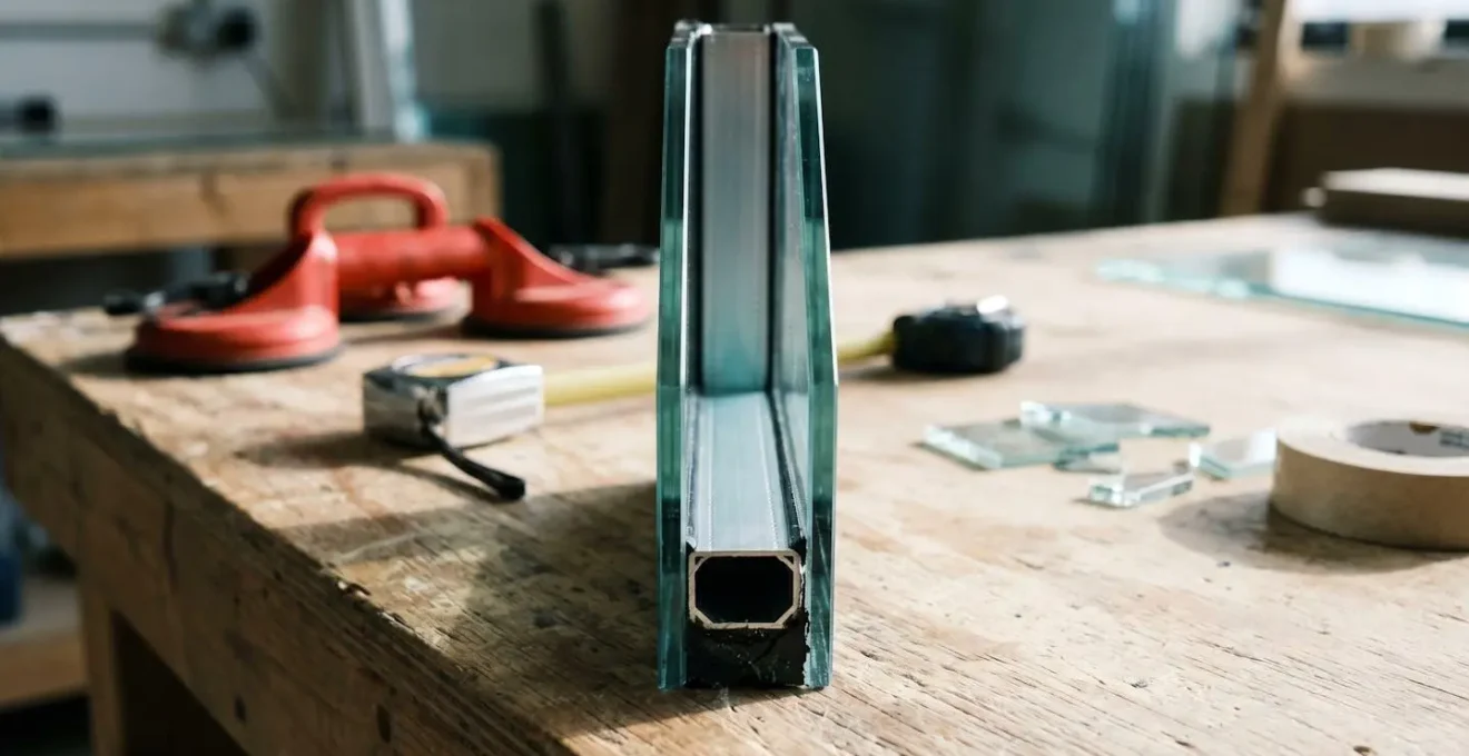 Coupe transversale réelle d'un échantillon de double vitrage sur établi d'atelier, montrant les deux plaques de verre séparées par l'intercalaire aluminium et la cavité remplie de gaz argon