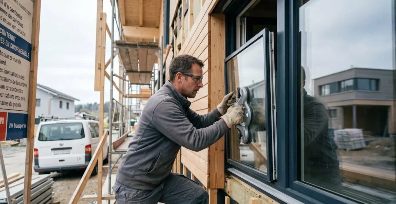 Vitrier professionnel en gants de protection positionnant un panneau de double vitrage sur une baie vitrée lors d'un chantier de construction résidentielle en Suisse, avec structure bois et échafaudage visibles en arrière-plan