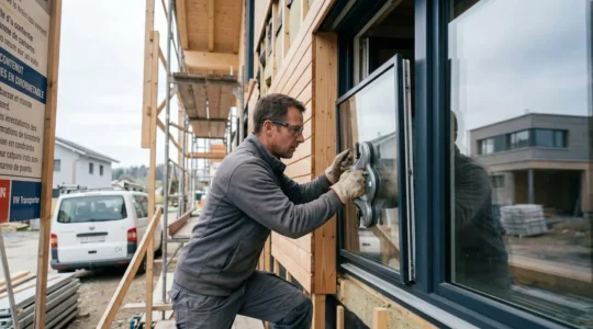 Vitrier professionnel en gants de protection positionnant un panneau de double vitrage sur une baie vitrée lors d'un chantier de construction résidentielle en Suisse, avec structure bois et échafaudage visibles en arrière-plan